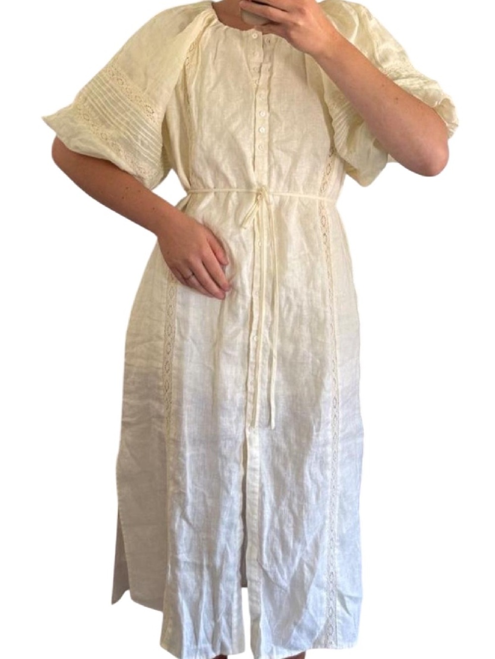 Anthropologie Ophelia Cream Button-Front Midi Dress with Tie Waist